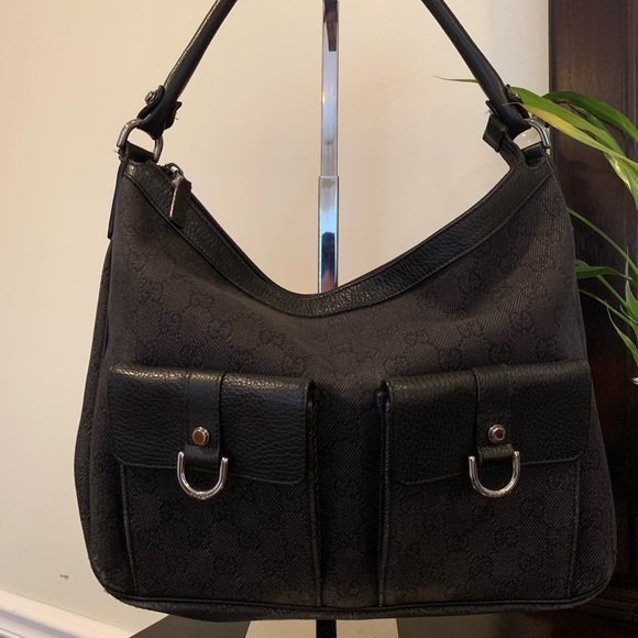 GUCCI Abbey Black Monogram D Ring Pocket Hobo Bag - Picture 4 of 15